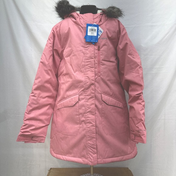 NWT Columbia Girls Omni-Heat Fur Hooded Coat Sz Large Pink - Picture 1 of 9